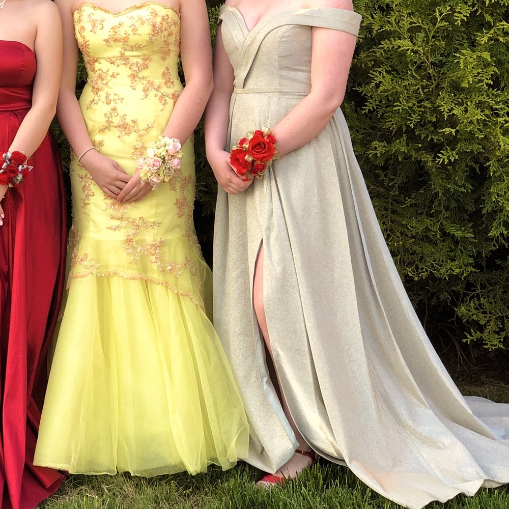 champagne shimmer prom dress